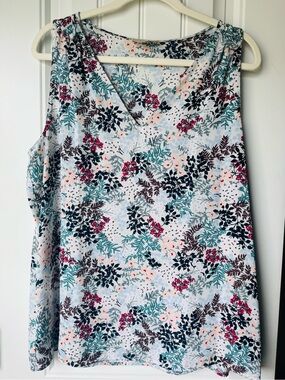 LOFT White Floral V-Neck Sleeveless Blouse with Teal & Pink Print